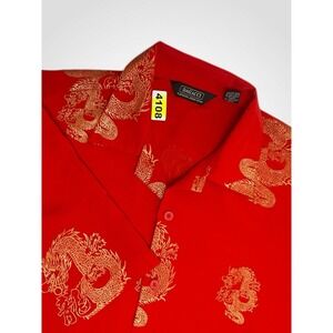 Oriental Gold Dragon Print Men's Size M/L Red Button Down Shirt Short Slv Korea